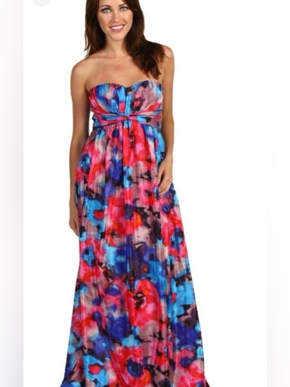 Jessica Simpson Strapless Watercolor Floral Maxi Dress in Blue & Pink
